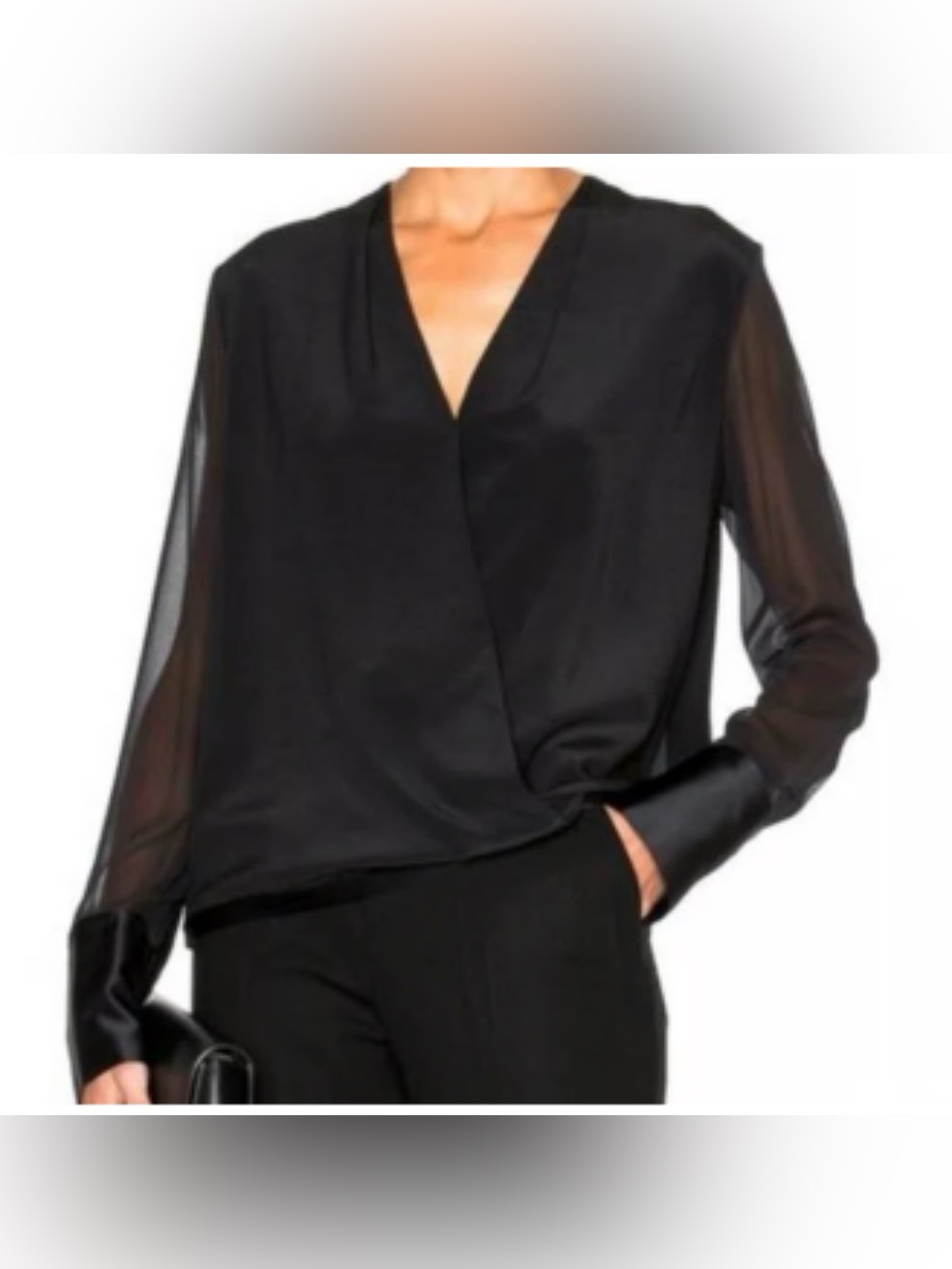 Rag & Bone Black Long Sleeve Faux Wrap Blouse With Sheer Sleeves Size L